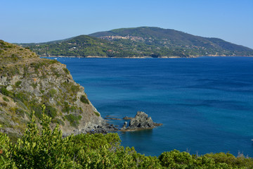 Aerial view of Capoliveri town and coastline, on Elba Island. Tuscany, Italy