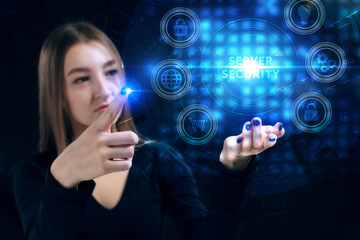 Business, Technology, Internet and network concept. Young businessman working on a virtual screen of the future and sees the inscription: Server security