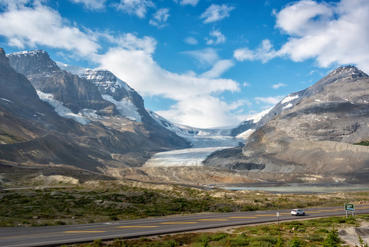 Icefields Parkway and Athabasca glacier in Jasper National park,  Rocky Mountains, Alberta, Canada