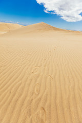 Fototapeta na wymiar Unrecognizable foot tracks in the desert. Warm weather in summer holidays. Travel to Canary Islands concept. Maspalomas natural dry dunes landscape. Spring vacations in spanish destination.