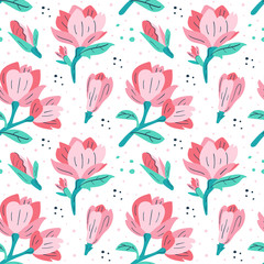 Little pink magnolia. Flowers, flora design elements. Wild life, nature, blooming flowers, botanic. Flat cartoon colourful vector hand drawn seamless pattern, texture, background, backdrop.