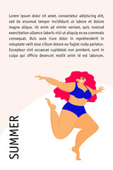Obraz premium Cartoon lady in swimsuit card template. Summer girl fashion look for design party card, sale advertising, spa resort poster, t shirt or bag print etc.