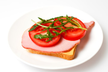 Fototapeta na wymiar Sandwich of balyk, cheese, bread, tomatoes and arugula on a white plate on a plate view from the side