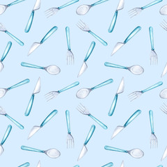 Seamless pattern, Cutlery: spoon, fork, knife. Watercolors. Design for kitchen, cafe, and interior.