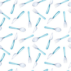 Seamless pattern, Cutlery: spoon, fork, knife. Watercolors. Design for kitchen, cafe, and interior.