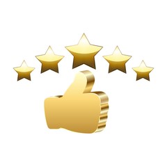 Customer review icon, quality rating, feedback, five stars symbol gold on white background