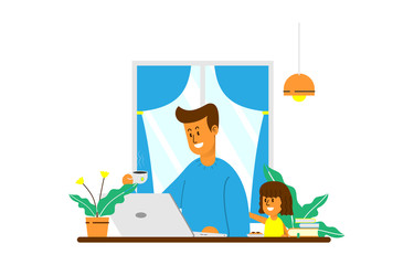 Fototapeta na wymiar A Daddy working at home and play with his daughter. A man working from home with laptop and drink a cup of coffee or tea with a comfortable interior design, Flat Design Cartoon Vector