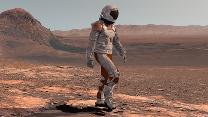 Astronaut Wearing Space Suit Walking On The Surface Of Mars. Exploring Mission To Mars. Futuristic Colonization and Space Exploration Concept. 3d rendering. © merlin74
