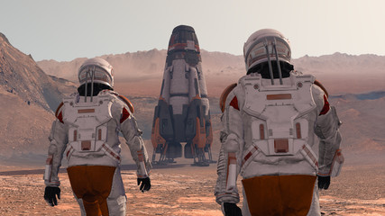Astronaut Wearing Space Suit Walking On The Surface Of Mars. Exploring Mission To Mars. Futuristic Colonization and Space Exploration Concept. 3d rendering. - obrazy, fototapety, plakaty