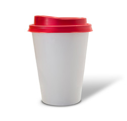 White disposable paper cup with plastic red lid	