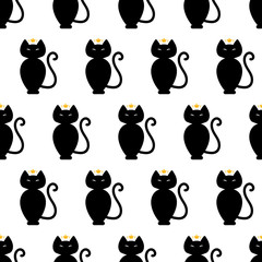 Black cat, kitty with golden crown vector seamless pattern background.

