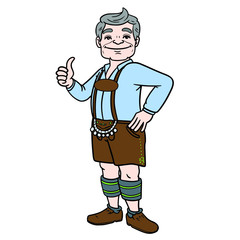 Bavarian man with traditional leather pants holds the thumb up. gray hair, blue shirt.