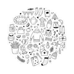 Hand drawn domestic life objects. Cute hygge illustrations isolated on white background. Doodle home lifestyle elements