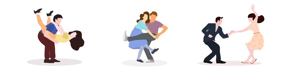 Set dancing couples silhouettes on white background. People in 1940s or 1950s style. Men and women on swing, jazz, lindy hop or boogie woogie party. Vector illustration.