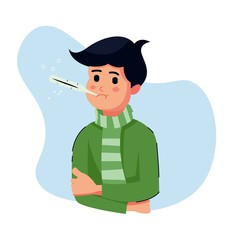 Boys or man or people with fever. character shivering in the cold. sickness concept. isolated. illustration in flat cartoon style. health and medical.
