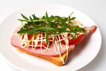 Sandwich of bread for toast, sturgeon, tomatoes, arugula, cheese and mayonnaise on a white background in a plate