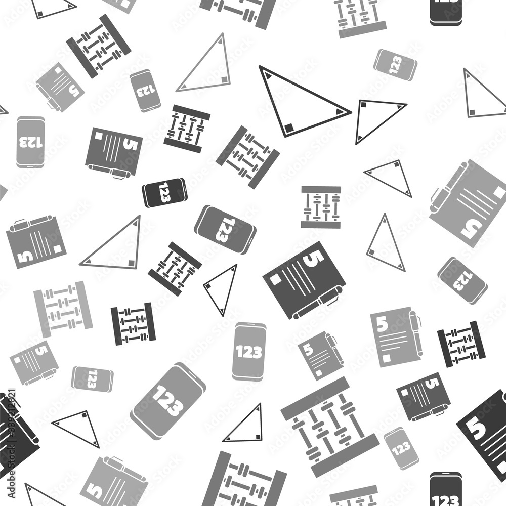 Poster set triangle math, abacus, test or exam sheet and pen and mobile calculator interface on seamless pa