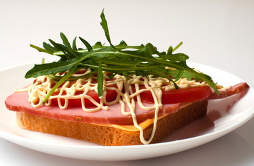 Sandwich of bread for toast, sturgeon, tomatoes, arugula, cheese and mayonnaise on a white plate in a side view
