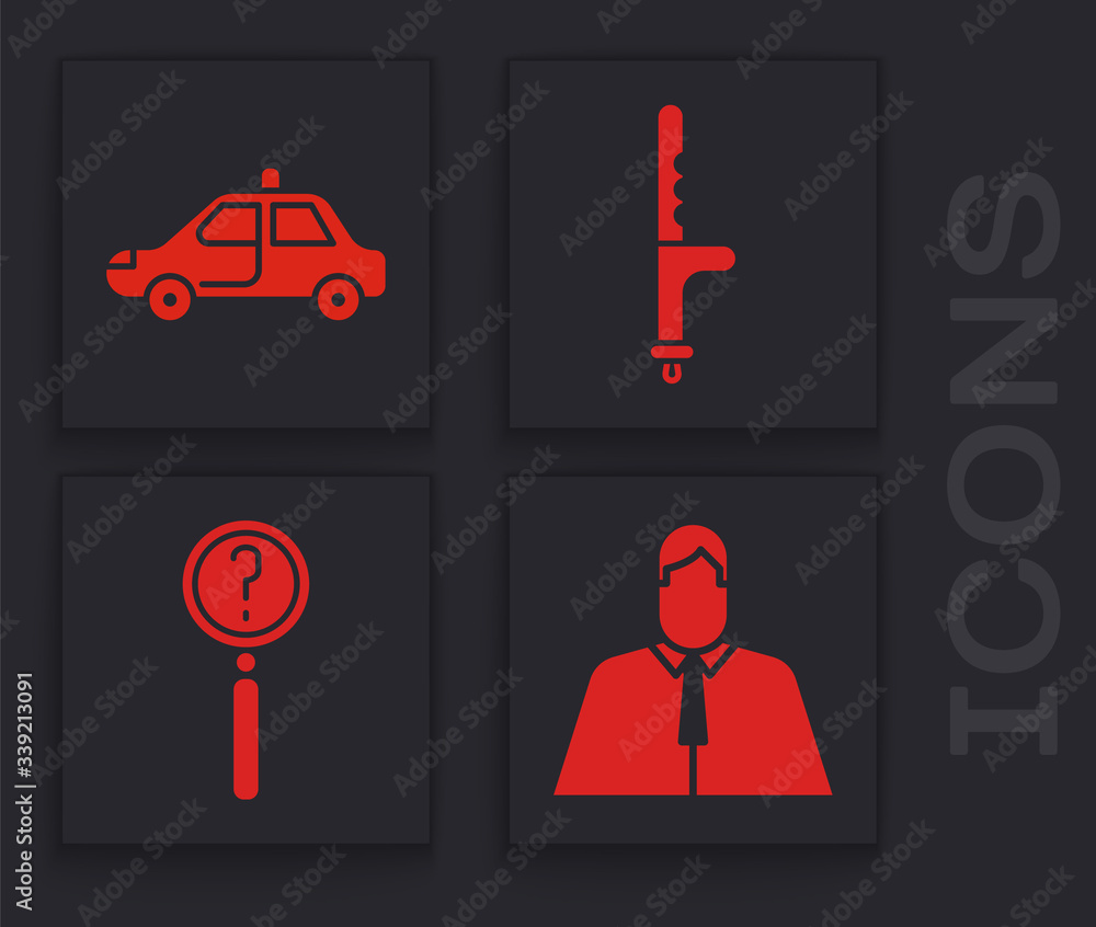 Sticker Set Lawyer, attorney, jurist, Police car and flasher, Police rubber baton and Magnifying glass with search icon. Vector