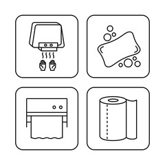 Tools icons to stay clean and healthy: soap, hand dryer, dispenser and paper towel