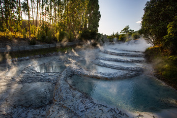 Wairakei terraces -  Volcanic heated water rises in plumes near Taupo, on New Zealand`s North Island