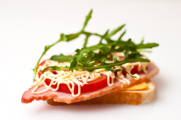 Sandwich made of bread for toast, balyk, tomatoes, arugula, cheese and mayonnaise on white plate side view