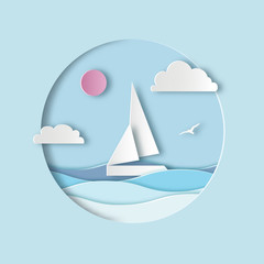 White sailboat with clouds, sun and waves. Sea landscape. Paper cut digital craft style. Carving art. Vector illustration