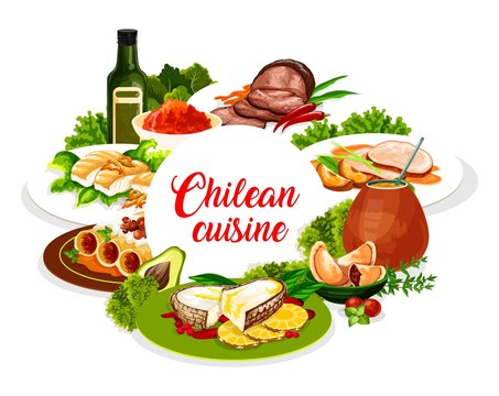 Chilean cuisine, traditional lunch and dinner food dishes, authentic restaurant vector menu. Chilean mate tea drink, pork fillet with apples and beef in wine glaze, pasta with mushrooms and salmon