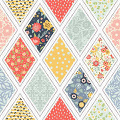 Seamless pattern with decorative flowers and elements, patchwork tiles. Can be used on packaging paper, fabric, background for different images, etc.