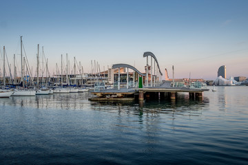 Barcelona, Catalonia / Spain: 04 09 2020: Comercial center in harbour empty streets in the city of Barcelona during the covid-19 coronavirus pandemic