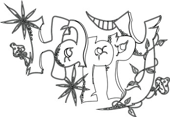 Crazy lettering of the word Happy. cannabis and marijuana and tomatoes as design elements black ,Graffiti style.Vector