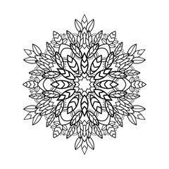 Floral mandala from decorative leaves and lines on white isolated background. For coloring book pages.