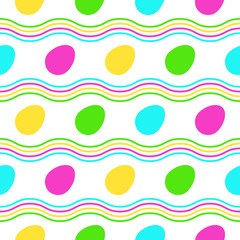 Seamless Pattern with colorful easter eggs and wavy lines. Flat vector illustration on white background. Great for celebration Easter designs, festive background, greeting cards, prints, packing, etc.