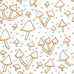 Seamless pattern with mushrooms isolated on white background. Edible fungus. Doodle drawing. Forest backdrop. Design for textile, fabric, wallpaper. Hand drawn vector illustration.