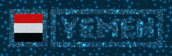 Yemen badge. Flag of Yemen in glowing network geometric style. Neat vector illustration.