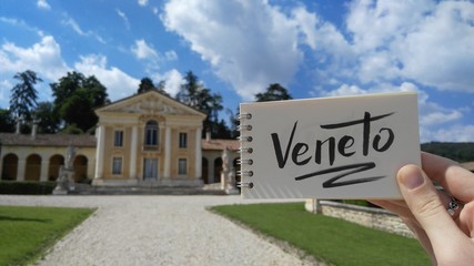 Villa Barbaro designed by Andrea Palladio architect, year 1560, in Maser, Veneto, Italy. View with calligraphic inscription 