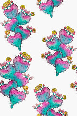 Watercolor cactus flowers for textile design on white background. Flowering yellow and pink cactus.