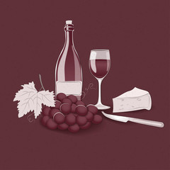 Table scene with wine bottle and glass, bunch of grapes and cheese.
