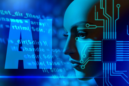 Letters AI on the background of the program code. Artificial intelligence. Concept - creation of a self-learning robot. Development of artificial intelligence. Programming neural networks. Woman.
