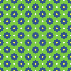 Vector seamless pattern. Abstract simple flower design. Blue, white, yellow elements on a green background. Modern minimal illustration perfect for backdrop graphic design, textiles, print, packing.