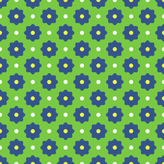 Vector seamless pattern. Abstract simple flower design. Blue, white, yellow elements on a green background. Modern minimal illustration perfect for backdrop graphic design, textiles, print, packing.