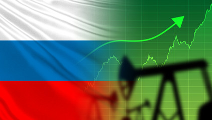 Flag of Russia near the oil rigs. Concept - news from Russia led to higher prices. URALS. Increase in oil production. Russia is increasing oil production. Hydrocarbon export growth. Price of URALS.