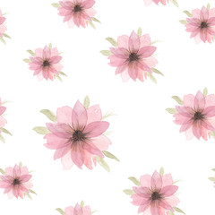 Floral watercolor pattern. Hand drawn illustrations of pink flowers. Seamless background.