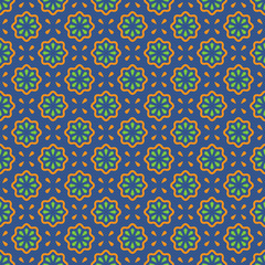 Vector seamless pattern. Abstract simple flower design. Orange and green elements on a blue background. Modern minimal illustration perfect for backdrop graphic design, textiles, print, packing, etc.