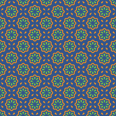 Vector seamless pattern. Abstract simple flower design. Orange and green elements on a blue background. Modern minimal illustration perfect for backdrop graphic design, textiles, print, packing, etc.