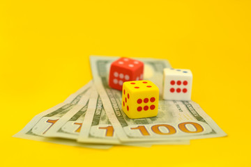 dice and dollar bills. Poker  at the casino. Poker game concept. Playing a game with dice.Concept for business risk. chance good luck. casino concept