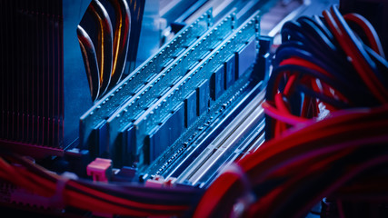 Close-up Macro Shot of Installed RAM Memory in Computer Motherboard Slot. Technically Advanced PC /...