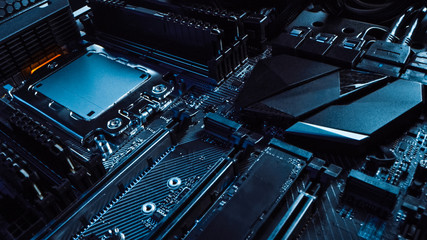 Fototapeta premium Macro Shot of Printed Circuit Board with Computer Motherboard Components: Microchip, CPU Processor, Transistors. Inside of Electronic Device, Parts of Supercomputer