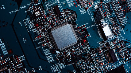 Macro Close-up Shot of Microchip, CPU Processor on Black Printed Circuit Board, Computer...