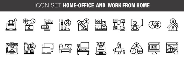 Work from home line icon set. Included icons as self quarantine, stay home, working, online, video conference, office and more.